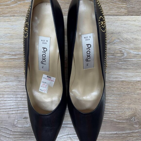 Proxy Black Leather Gold Stud Accent Heels Women's Size 10 - Picture 2 of 8